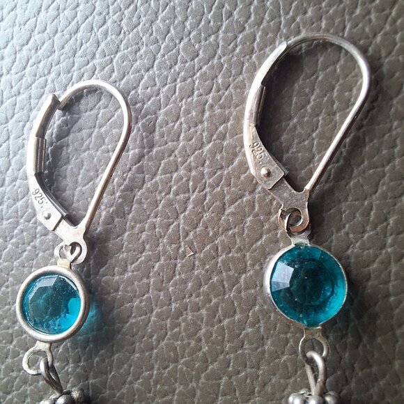 Sterling Silver Drop Earrings Blue Crystal Beads Leverback Closure Dangle Winter - Picture 3 of 5